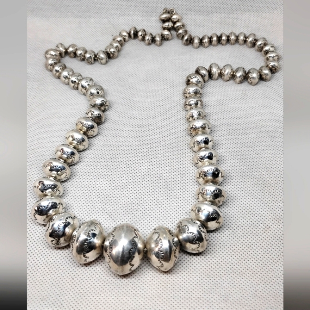 Elegant Graduated Stamped Handmade Navajo Silver Bench  Bead Necklace